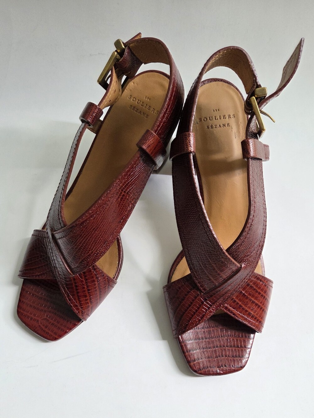 Sézane | Sacha Burgundy Croc-Embossed Leather Block Heel Sandals - Picture 8 of 15
